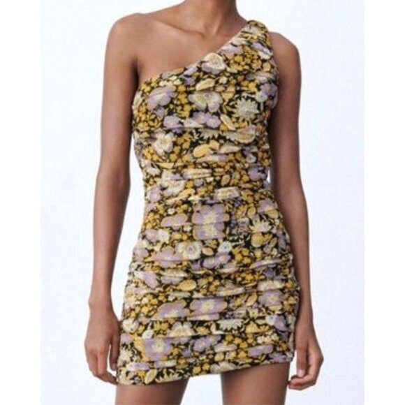 Zara Womens One Shoulder Floral Ruched Bodycon Mini Dress Yellow Purple Small - Picture 1 of 12